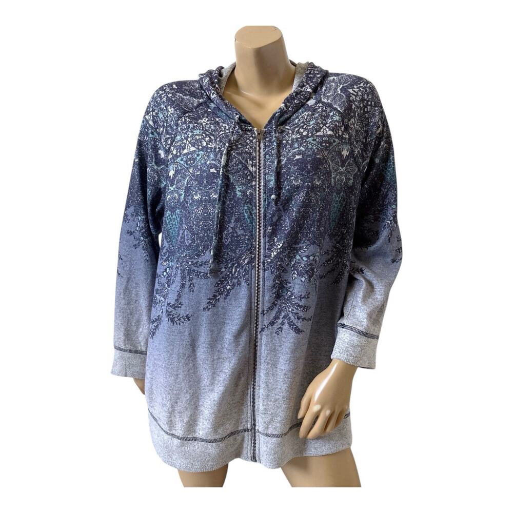One World Hoodie Womens Plus 1X Blue Gray Boho Print Zip Up Long Sleeve Stretch